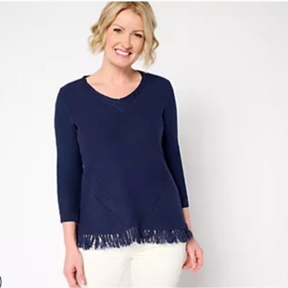 J Jill V Neck Sweater‎ Fringe Hem Women XL Lightweight Minimalist Classic Navy